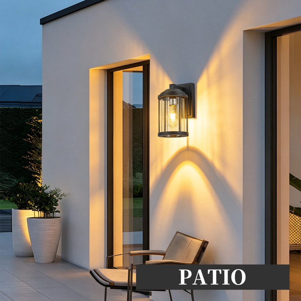 Outdoor Wall Sconces 2 Pack – Black Exterior Light Fixtures with Seeded Glass