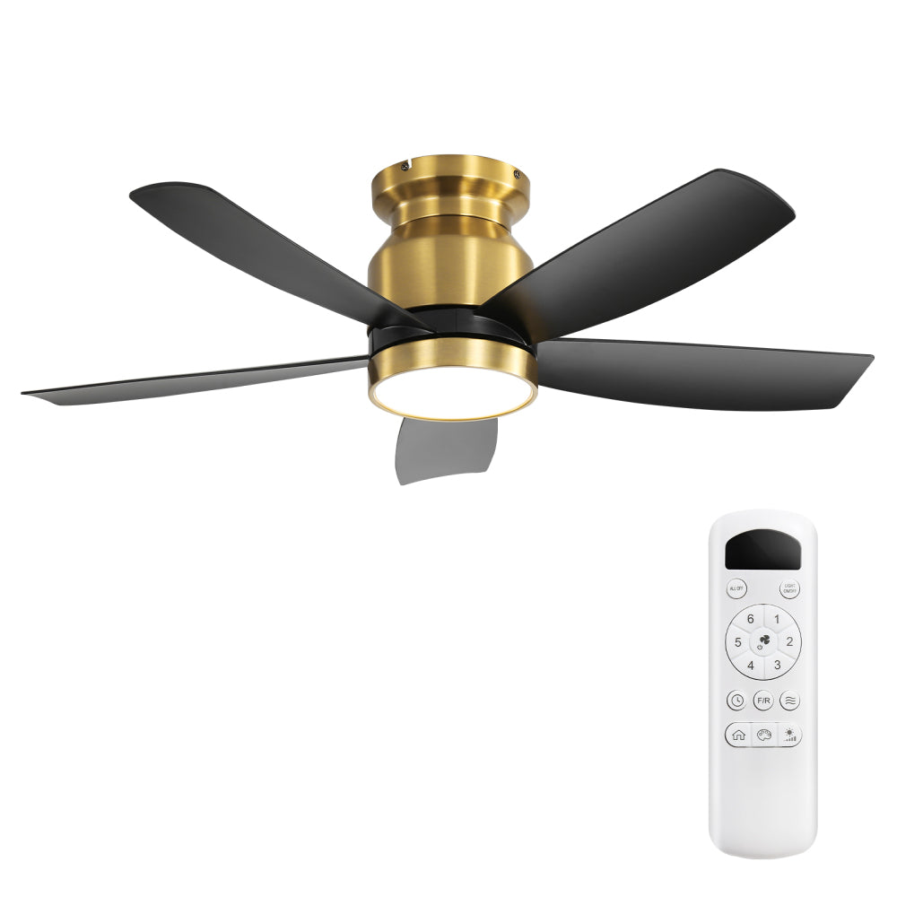 42" Flush Mount Ceiling Fan with LED Light & Remote – Dimmable 3CCT, Reversible DC Motor | Black, Gold & Black+Gold Black+Gold