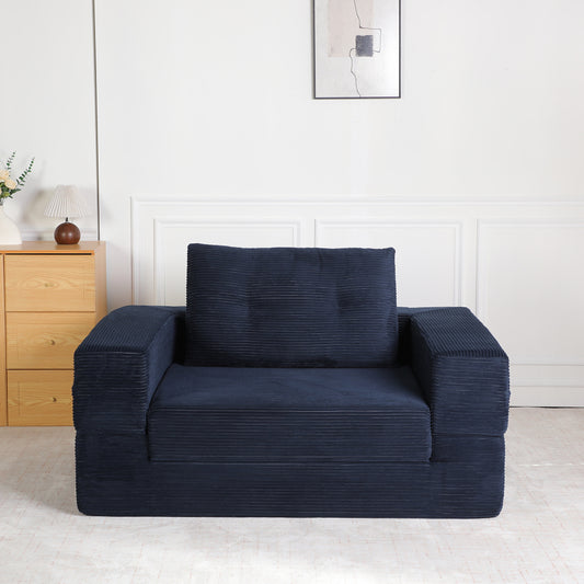 3-in-1 Floor Sofa Bed for Humans & Pets | No-Assembly Corduroy Lounger with Memory Foam & Pillow — Dark Blue