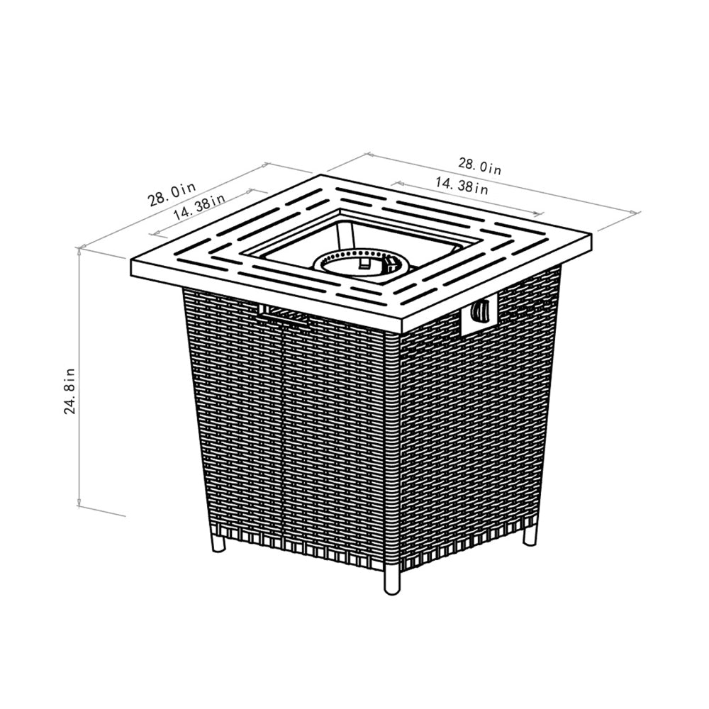 28" Square Propane Fire Pit Table | 50,000 BTU Wicker & Steel Fire Table with Decorative Stones & Steel Lid — Black