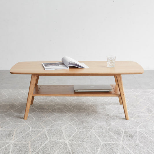 Solid Oak Wood Coffee Table with Storage Shelf | 2-Tier Low Center Table for Living Room