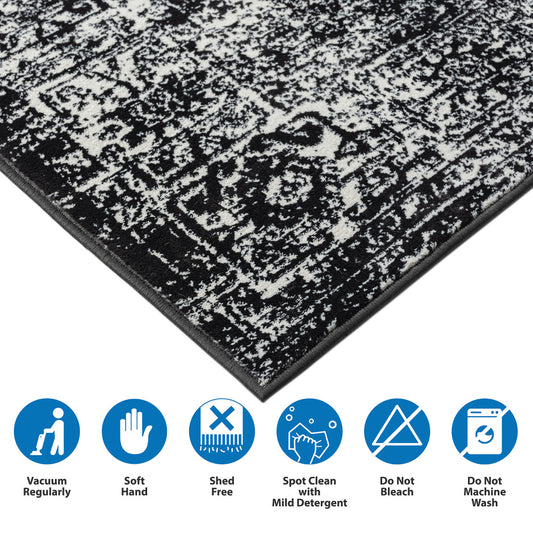 8×10 Distressed Vintage Persian Area Rug | OEKO-TEX Certified Woven Black & Cream Design — Non-Slip, Stain & Fade Resistant, Made in Turkey