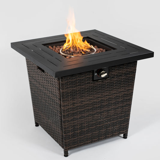 28" Square Propane Fire Pit Table | 50,000 BTU Wicker & Steel Fire Table with Decorative Stones & Steel Lid — Black