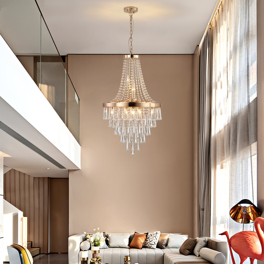 20-inch K9 crystal chandelier with gold finish, 11 lights, adjustable height 33-71 inches, installed in modern living room.