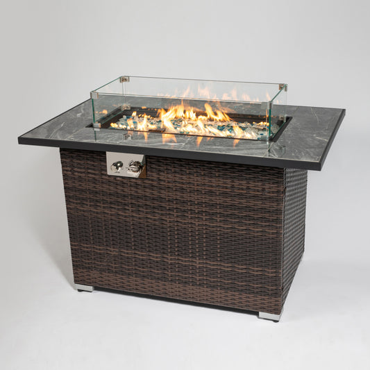 44" Propane Fire Pit Table | 50,000 BTU Rectangular Wicker Fire Table with Marble Tile Top & Glass Windscreen — Brown