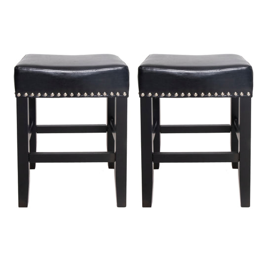 26" Backless Leather Counter Stools | Set of 2 Padded Saddle Seats with Chrome Nailhead Trim
