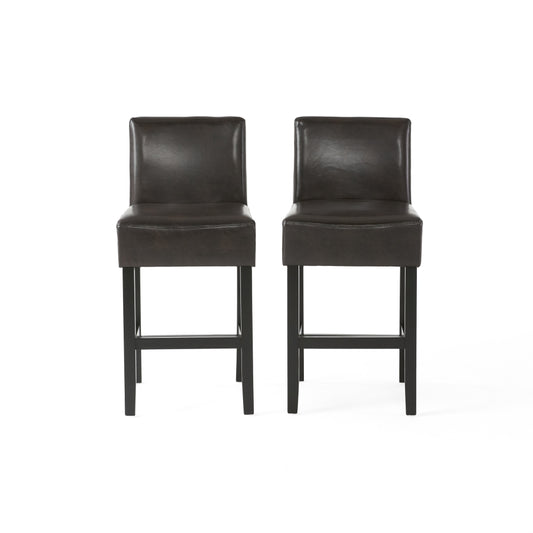 26" Brown Leather Counter Stools with Ergonomic Back | Set of 2 Bonded Leather Kitchen Island Stools — Rubberwood Legs