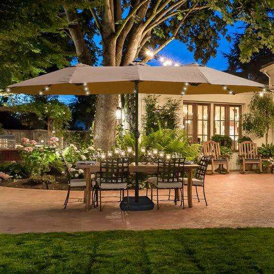 15×9 FT Double-Sided Patio Umbrella with LED Light & Base | Large Rectangular Market Umbrella with Crank & Wind Vents — Taupe