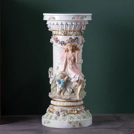 33" Luxury Roman Column Pedestal | Resin Fairy & Floral Relief Pillar Stand — Vintage European Decor for Living Room & Entryway