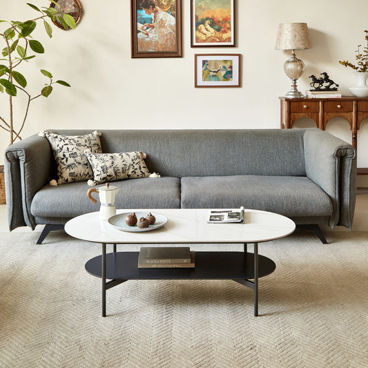 Ceramic Sintered Stone Coffee Table with Walnut Shelf | 47" Double-Layer Living Room Center Table — White & Coffee Brown