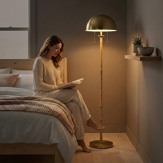 2-light floor lamp with gold brass dome shade and natural rattan tube stem, dual pull chains, illuminating a bedroom where someone reads a book.