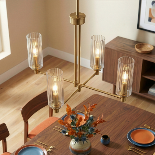 4-Light Pendant Chandelier – Clear Ribbed Glass Shades & Satin Brass Finish | Dining Room & Living Room