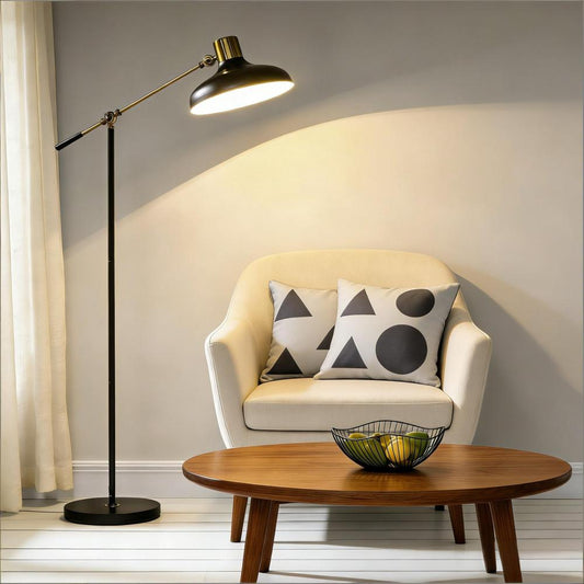 Industrial Floor Lamp | Adjustable Height & Rotating Head, Black & Gold Reading Standing Lamp Vistaro Home
