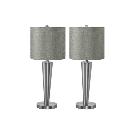 Contemporary Table Lamp Set of 2 | 24" Nickel Metal Base, Grey Linen Shade & USB Port
