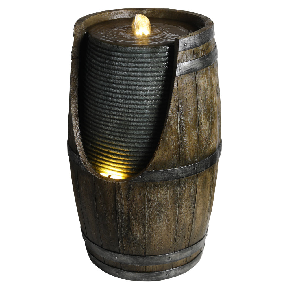 Rustic Barrel Outdoor Water Fountain with LED Lights | Resin Farmhouse Waterfall Fountain for Patio, Porch & Yard