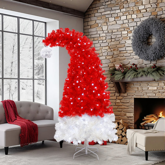 6 FT Santa Hat Shaped Christmas Tree | Pre-Lit Whimsical Curved Xmas Tree with 300 Cool White LEDs & 1050 PET Tips — Red & White