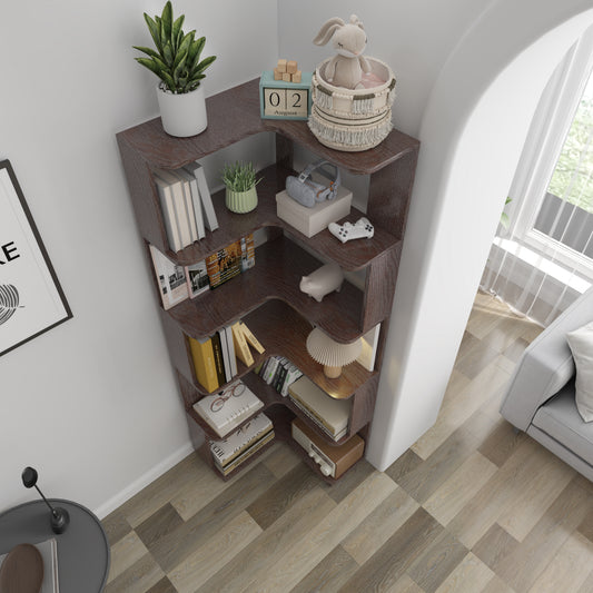 6-Tier L-Shaped Corner Bookshelf | Freestanding Wood Display Shelf with Anti-Drop Panels & Anti-Tip Device — 5 Colors