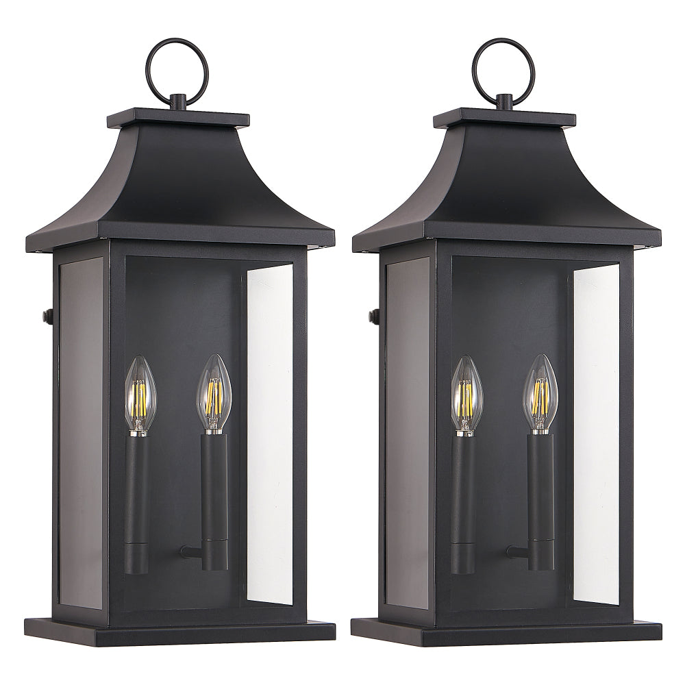 22.2" Dusk-to-Dawn Outdoor Wall Lantern | 2-Light Large Black Exterior Sconce with Glass — Waterproof Porch, Garage & House Light 1-2 Pack