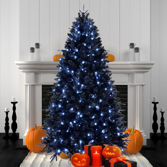 5 FT Black Christmas Tree with 250 White LED Lights | 1076-Tip PE+PVC Pre-Lit Artificial Tree for Halloween & Holiday Decor — Metal Stand Included
