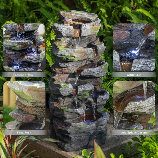Rock Waterfall Outdoor Fountain with LED Lights | Cascading Tiered Resin Garden Fountain for Patio, Backyard & Lawn
