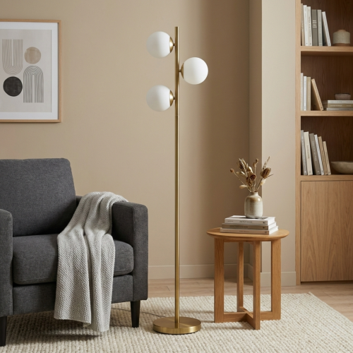 Modern Floor Lamp – Brushed Gold Finish, Opal Glass Shade & Round Metal Base