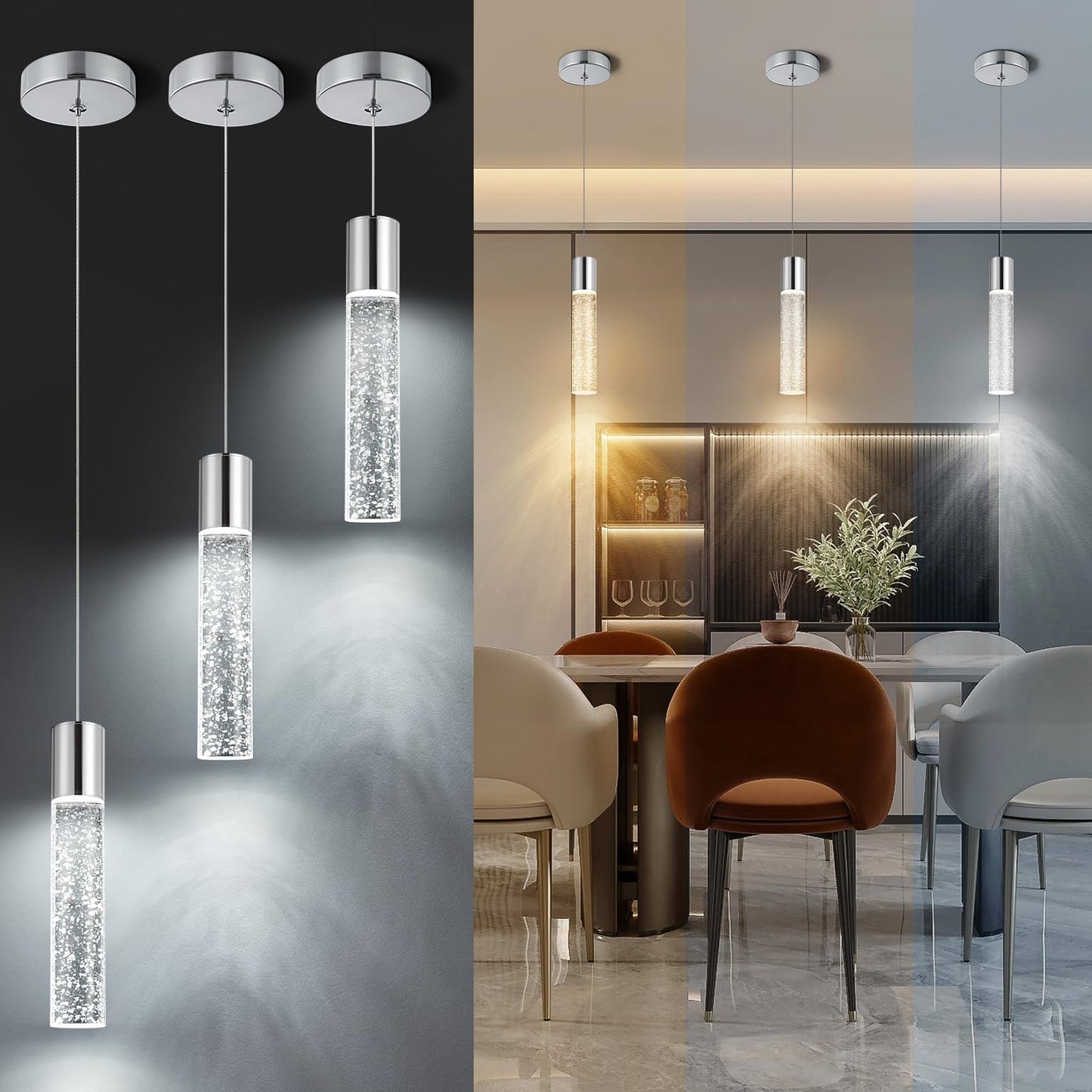 Crystal Pendant Light Fixtures | 3CCT Dimmable LED Mini Island Lights for Kitchen, 9.6" Chrome, 2700K-6000K, ETL Chrome / 3Pack Vistaro Home