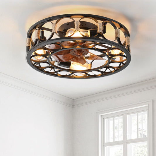 Caged Flush Mount Ceiling Fan with LED Lights & Remote – Farmhouse Matte Black, 6 Speeds & Reversible DC Motor