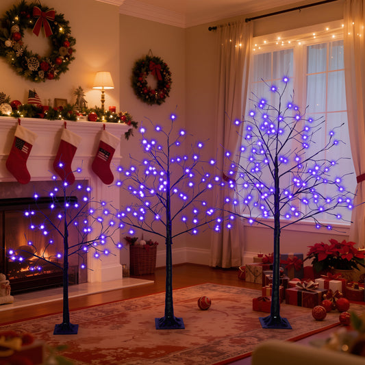 Black Halloween Christmas Tree Set | 3-Pack 4FT + 5FT + 6FT with 216 Purple LED Lights — Adjustable Branches for Spooky Holiday Decor