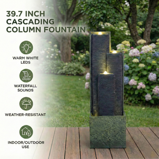 39" Freestanding Outdoor Waterfall Fountain with LED Light | Cascading Tiered Resin Garden Fountain for Patio, Porch & Backyard