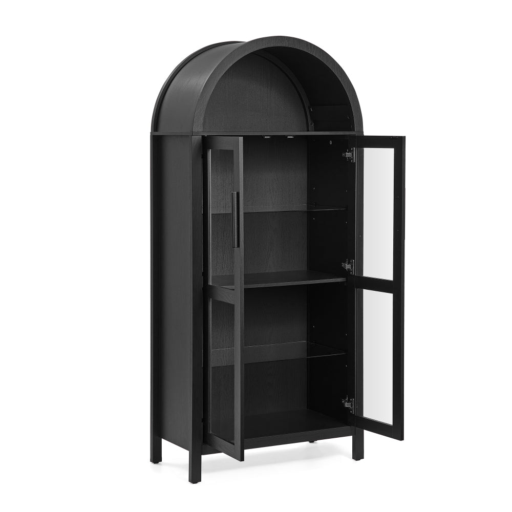 High-Arched Storage Cabinet with LED Light Modern Retro Wood Glass Display Cabinet with Adjustable Shelves Black