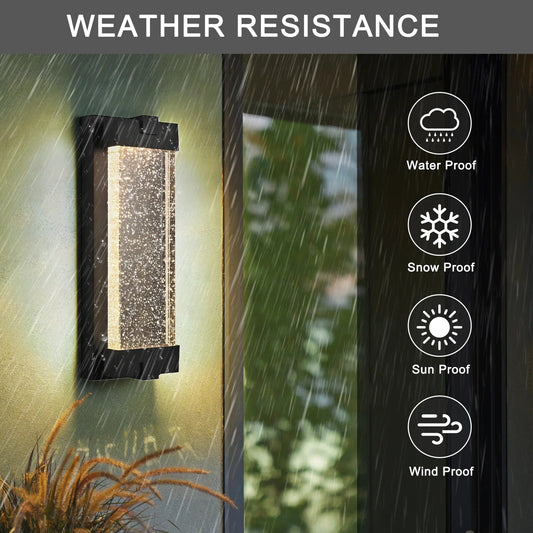Outdoor LED Wall Sconce – Bubble Crystal Glass, 3000K Warm White & Black Aluminum | Up & Down Porch Light