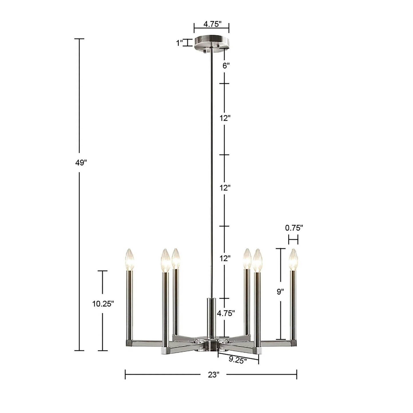 6-Light Candelabra Chandelier | Contemporary Uplight Ceiling Fixture with Polished Nickel Finish & Adjustable Height — 23" Wide