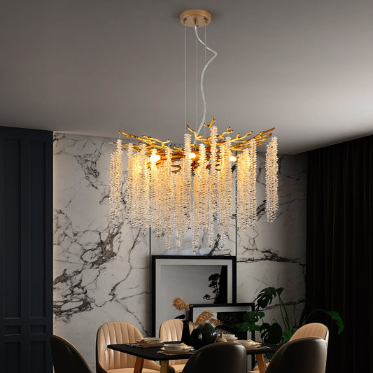 Crystal Waterfall Chandelier | 8-Light Gold Modern Ceiling Light with Cascading Crystal Strands — 24" or 39", Living Room, Dining Room & Foyer