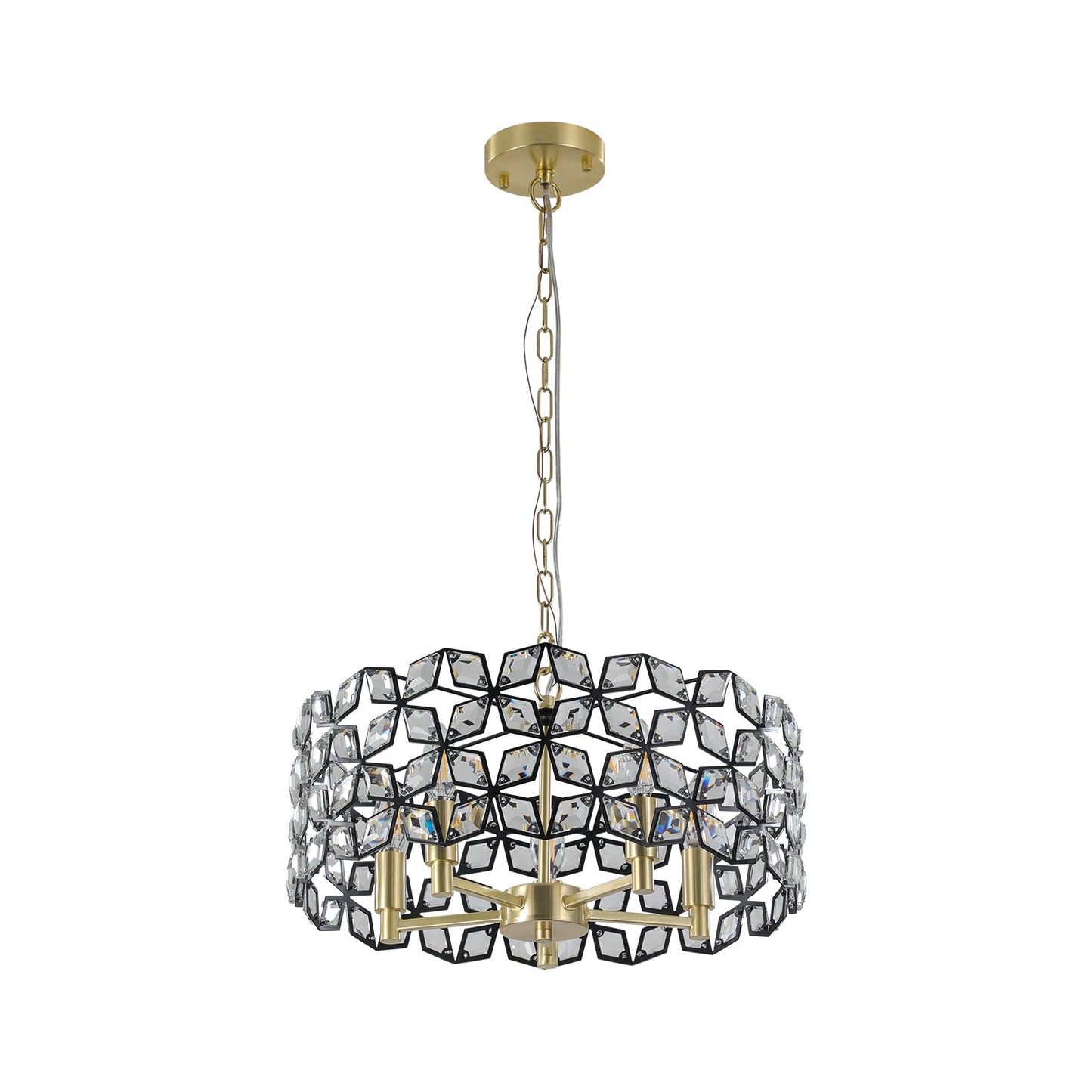 Modern K9 Crystal Geometric Chandelier | 5-Light Black & Gold Round Pendant Light — 19"–39" Adjustable, Dining Room, Living Room & Bedroom