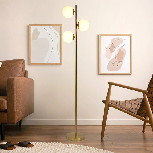 Modern Floor Lamp – Brushed Gold Finish, Opal Glass Shade & Round Metal Base