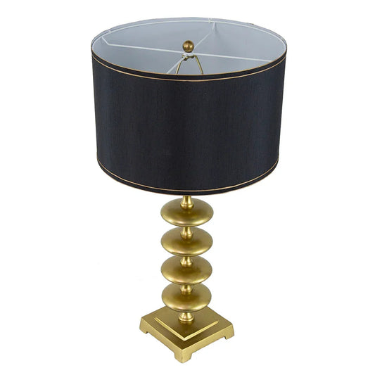Table Lamp – Gold Aluminum Disc Body, Black Drum Shade & Square Pedestal Base | Contemporary Bedside & Desk Lamp