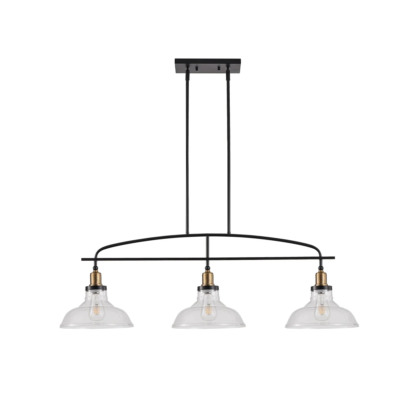 45" Industrial 3-Light Pendant Chandelier | Black Metal & Clear Glass Farmhouse Ceiling Light — Adjustable Height, E26 Compatible