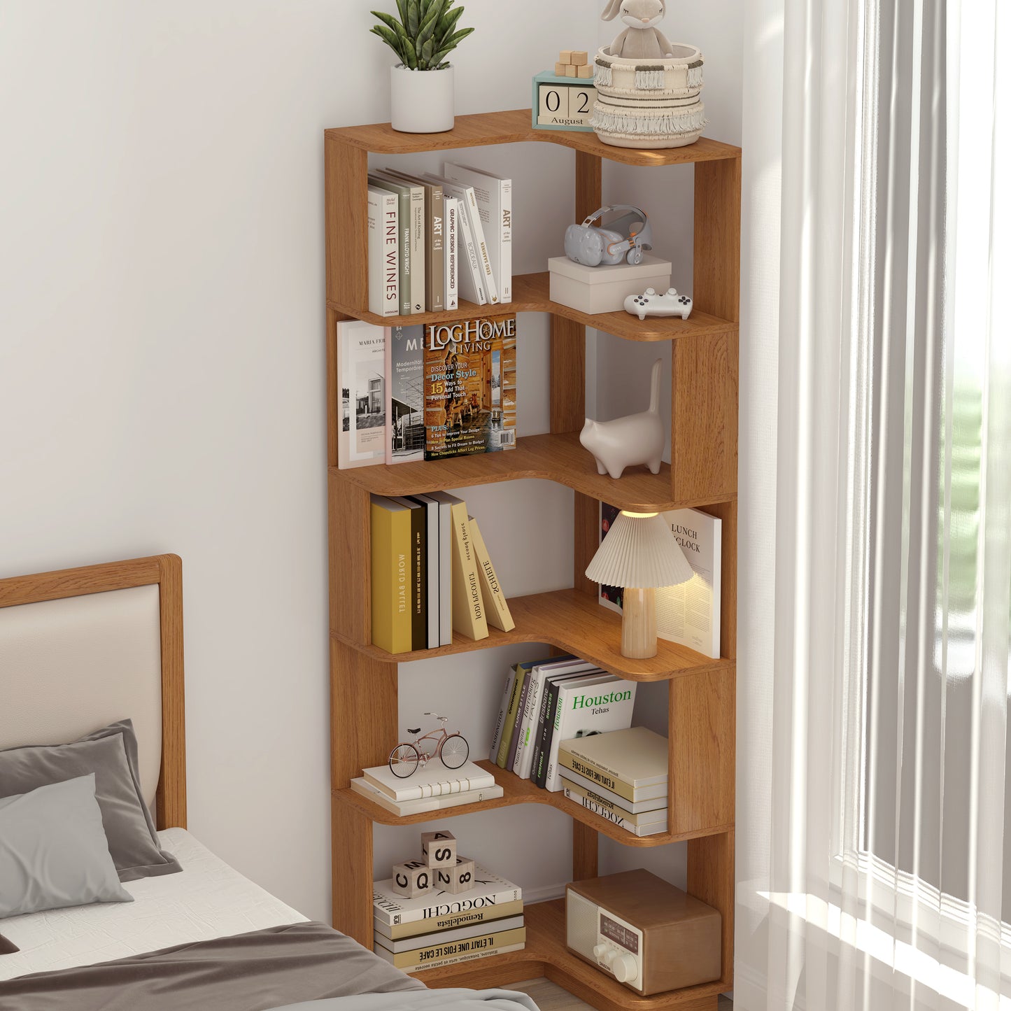 6-Tier L-Shaped Corner Bookshelf | Freestanding Wood Display Shelf with Anti-Drop Panels & Anti-Tip Device — 5 Colors Oak