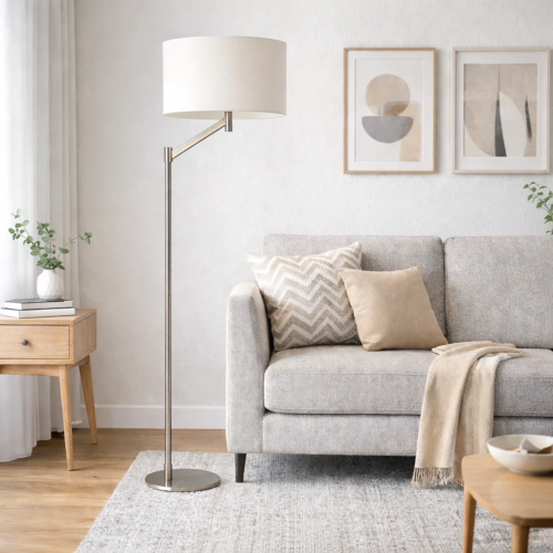 Floor Lamp β Brushed Nickel Finish, White Linen Shade & Rotary Switch | Modern Living Room & Bedroom