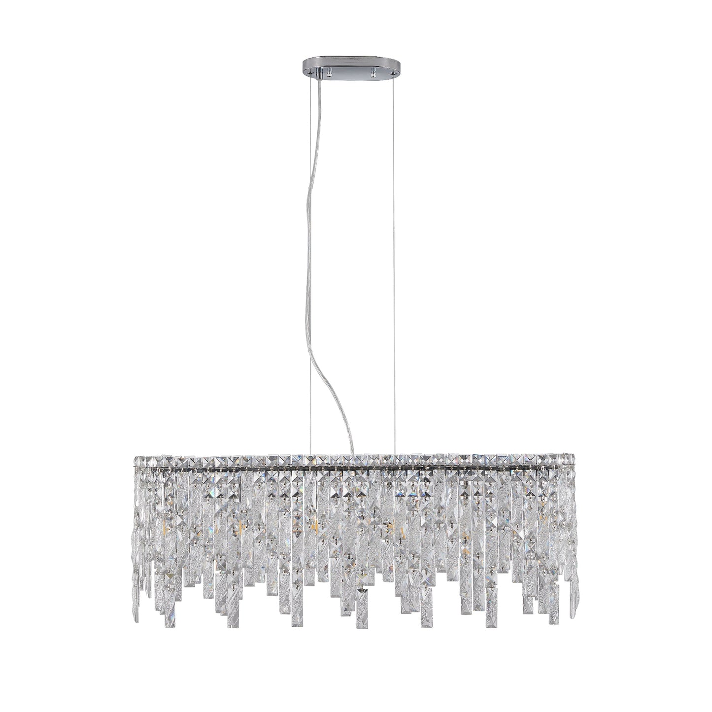 34.6" Oval K9 Crystal Chandelier | 6-Light Silver Modern Ceiling Light with Cascading Teardrop Crystals — Dining Room, Living Room & Bedroom