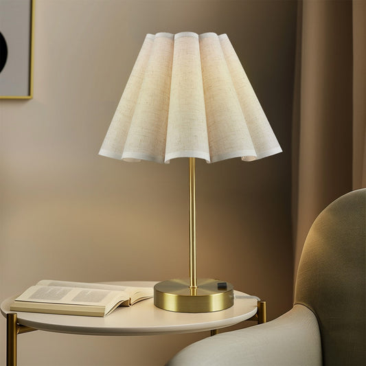 Dimmable Touch Table Lamp – Gold Base, Pleated Tapered Shade & Built-In Power Outlet | Accent Bedside Lamp