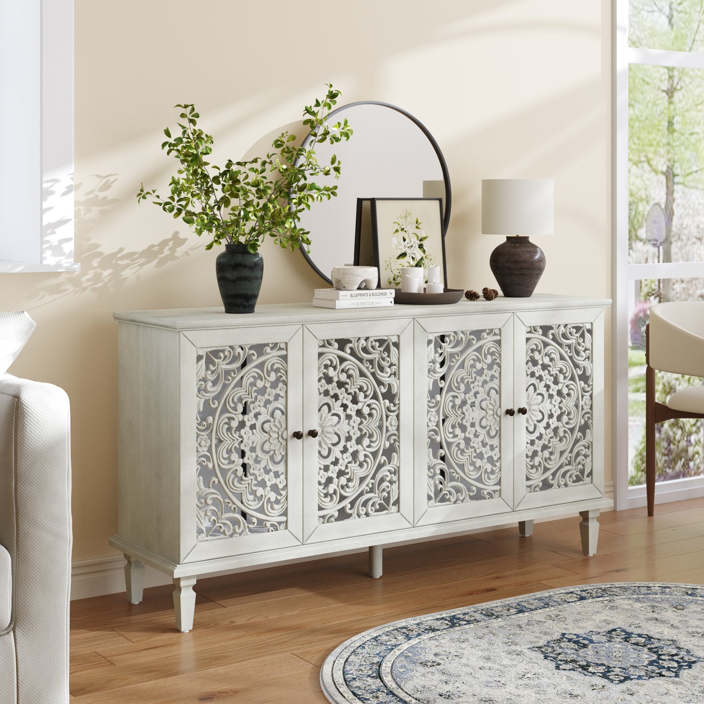 Vintage Hollow-Carved Accent Cabinet | 2-Door Storage Sideboard with Floral Detail & Solid Wood Legs White / 60 in