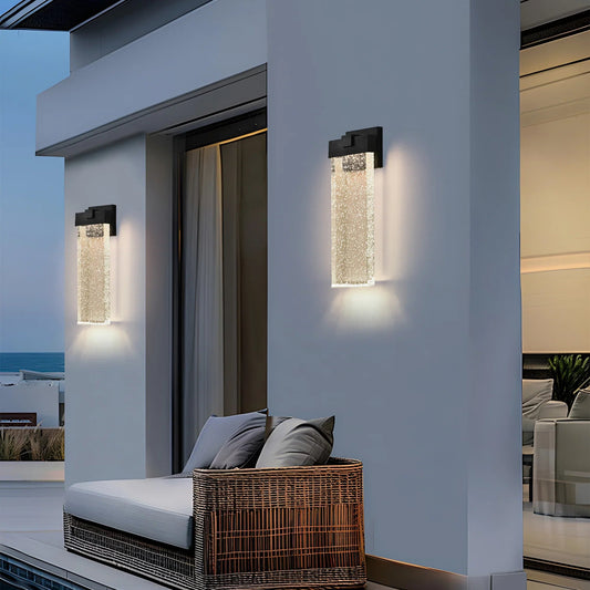 Modern Outdoor LED Wall Sconce – Bubble Crystal Up & Down Light, Weatherproof Black Frame | Porch & Patio