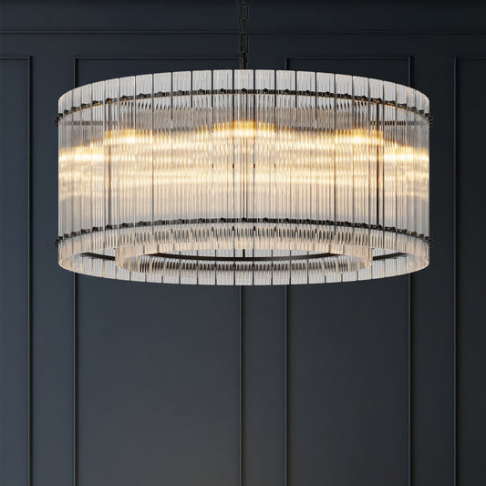 Water Ripple Crystal Glass Chandelier | 8/10-Light Modern Handmade Corrugated Glass Ceiling Light — Black or Gold, Round or Rectangular