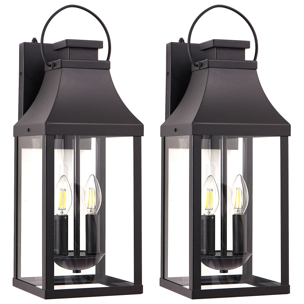 20" Dusk-to-Dawn Outdoor Wall Light | 2-Light Black Waterproof Porch Sconce with Tempered Glass — Garage, Patio & Front Door (1 or 2 Pack)