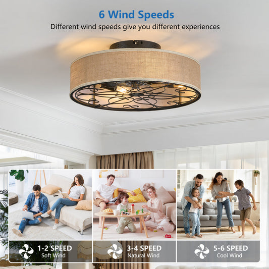 20" Caged Ceiling Fan with LED Light & Remote – Linen Fabric Shade, 6 Speeds, Reversible DC Motor | Farmhouse Flush Mount