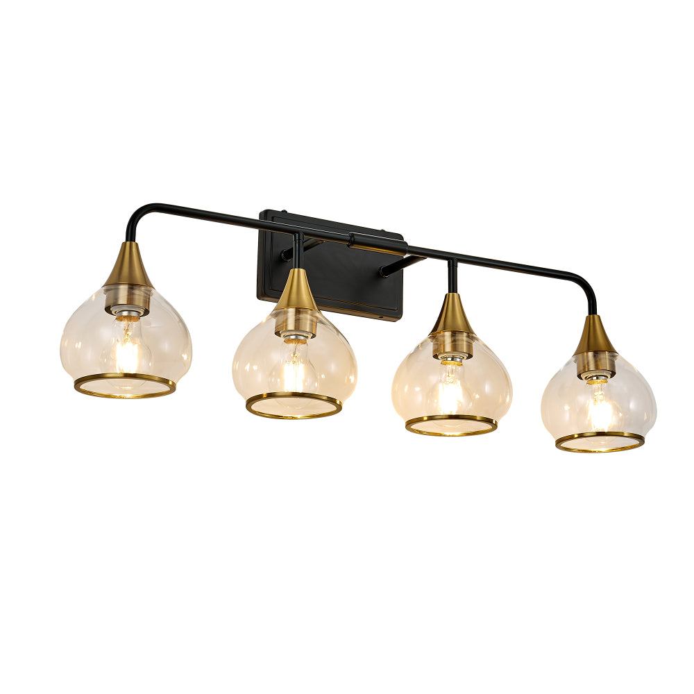 Black and gold 4-light industrial vanity wall sconce with clear glass shades, curved black metal arm, gold accents