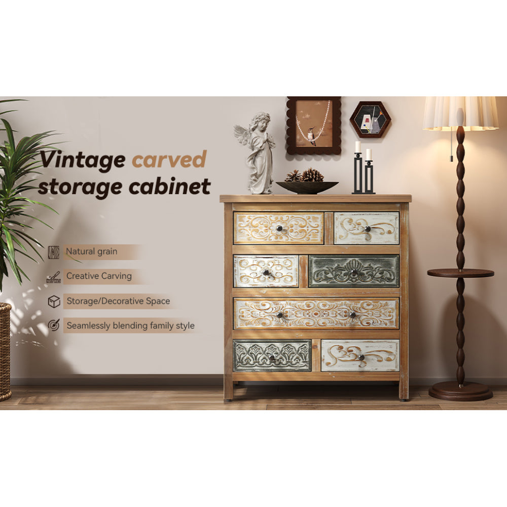 Rustic Farmhouse 6-Drawer Accent Chest – Multicolor Carved Wood, Bedroom & Living Room