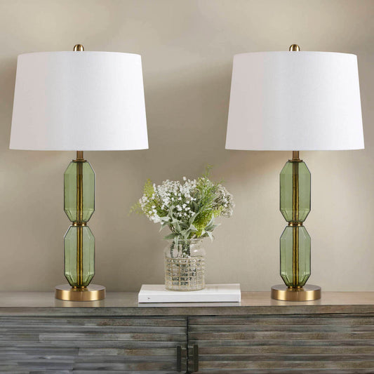 Faceted Green Glass Table Lamp – Gold Metal Base & White Fabric Shade | LED Bulb Included | Modern Accent Lamp