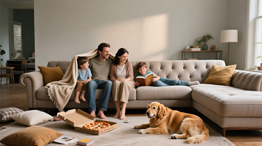 A spacious living room centers on a generously sized upholstered sofa. A family of four occupies the sofa: two parents seated in the middle. one child draping a blanket over the arm to build a fort. another child sprawled across the cushions with a book.